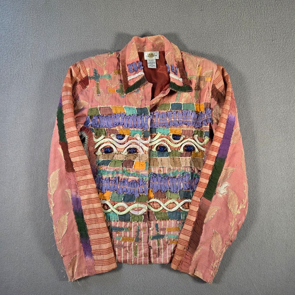 Sandy Starkman Jacket Womens Medium Pink Silk Beaded Embroidered Art Boho